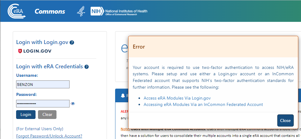 Message letting you know your account is required to use two-factor authentication to access NIH/eRA systems