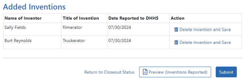 Added Inventions section of Process Final Invention Statement screen, showing a list of inventions Added Inventions section of Process Final Invention Statement screen, showing a list of inventions