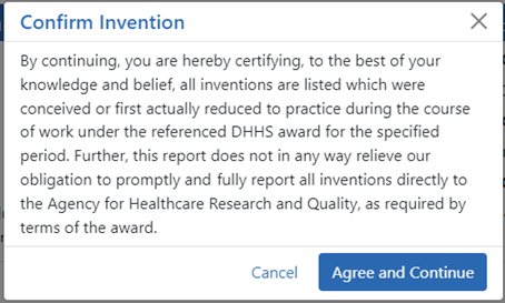 Confirm Invention popup screen attesting that all inventions are listed (AHRQ) Confirm Invention popup screen attesting that all inventions are listed (AHRQ)