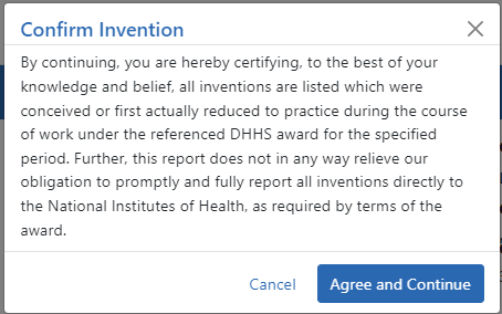 Confirm Invention popup screen attesting that all inventions are listed (NIH) Confirm Invention popup screen attesting that all inventions are listed (NIH)