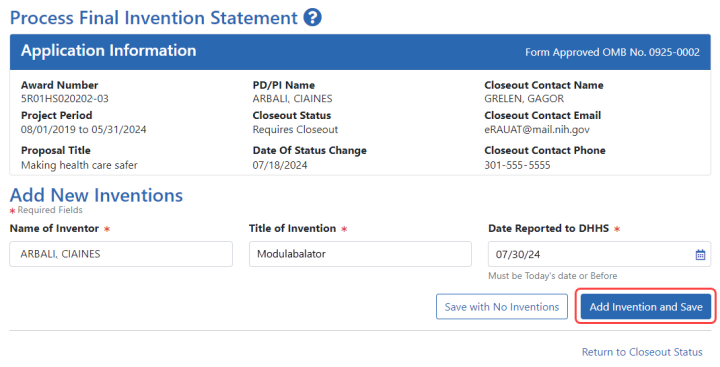 Process Final Invention Statement screen with no inventions yet added Process Final Invention Statement screen with no inventions yet added