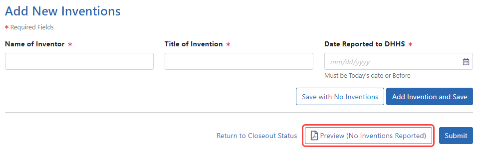 Final Inventions Statement with no inventions, showing Submit button outlined Final Inventions Statement with no inventions, showing Submit button outlined