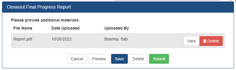 Closeout-Upload Final Progress Report screen