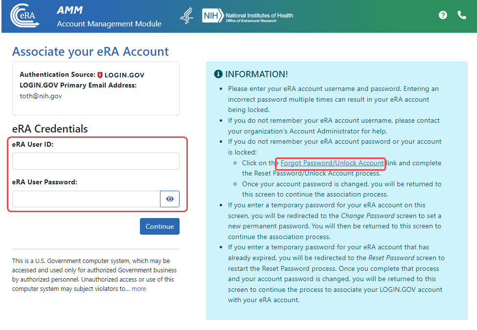 screenshot of the Associate your eRA Account screen