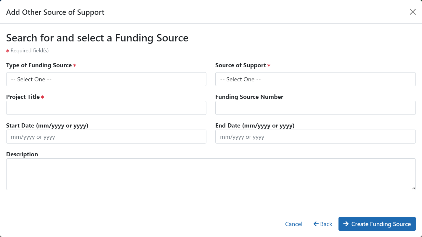 Create Funding Source screen