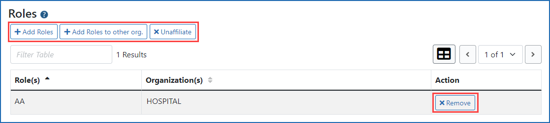 Account Management Module Manage user screen showing buttons to add and remove user roles
