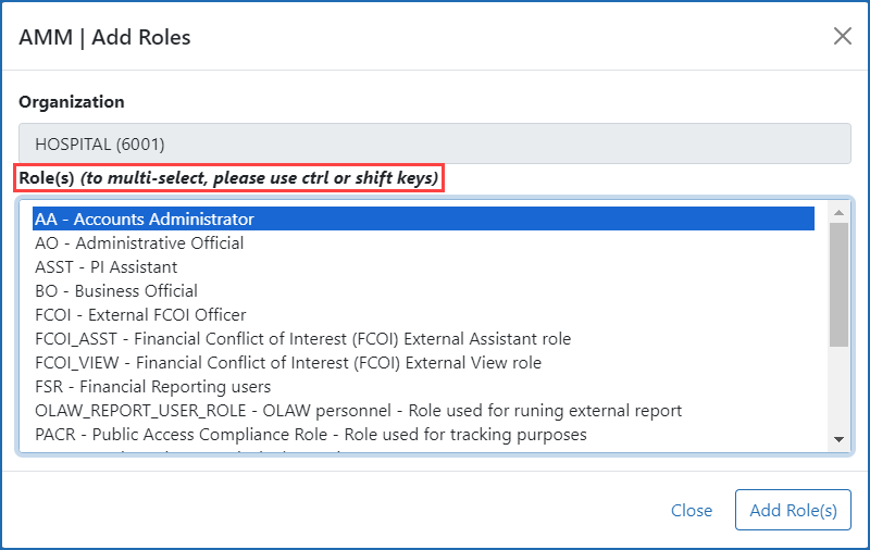 Account Management Module Manage Add Roles screen showing instructions and button to add multiple roles simultaneously