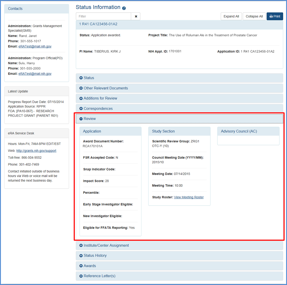 Detailed Status Information screen showing review information