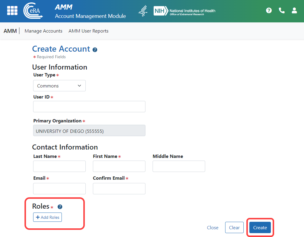 Account Management Module (AMM) Create Account Screen showing the Add Roles button and the Create button