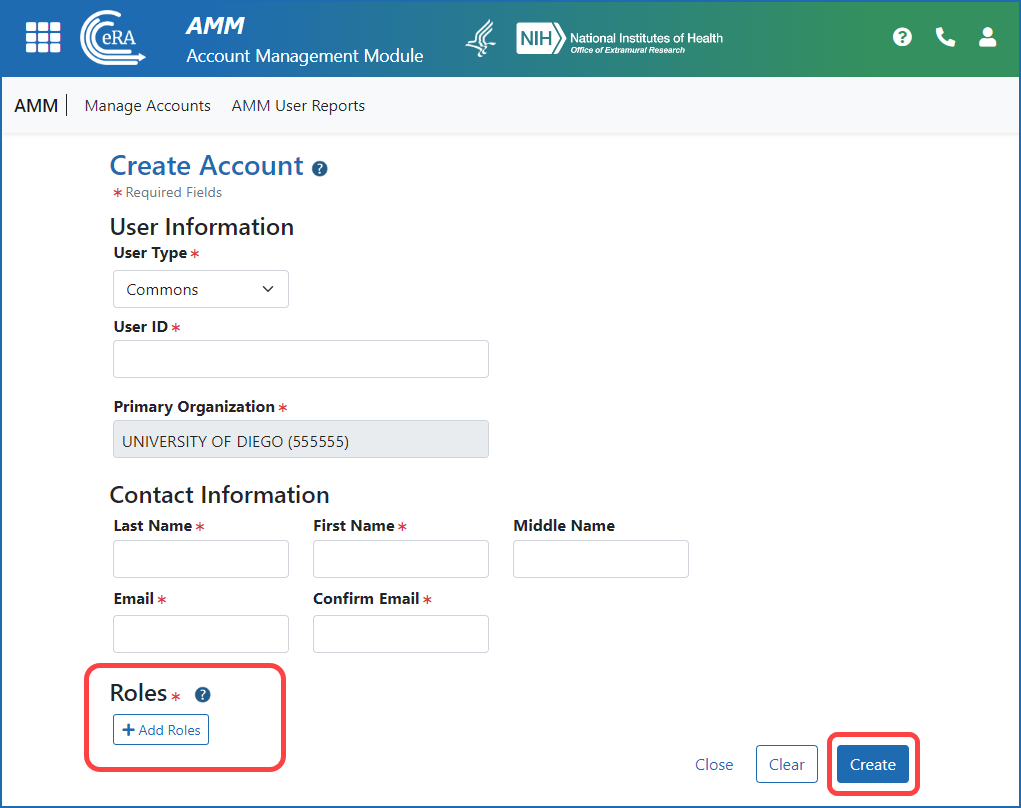 Figure 3: Account Management Module (AMM) Create Account Screen showing the Add Roles button and the Create button