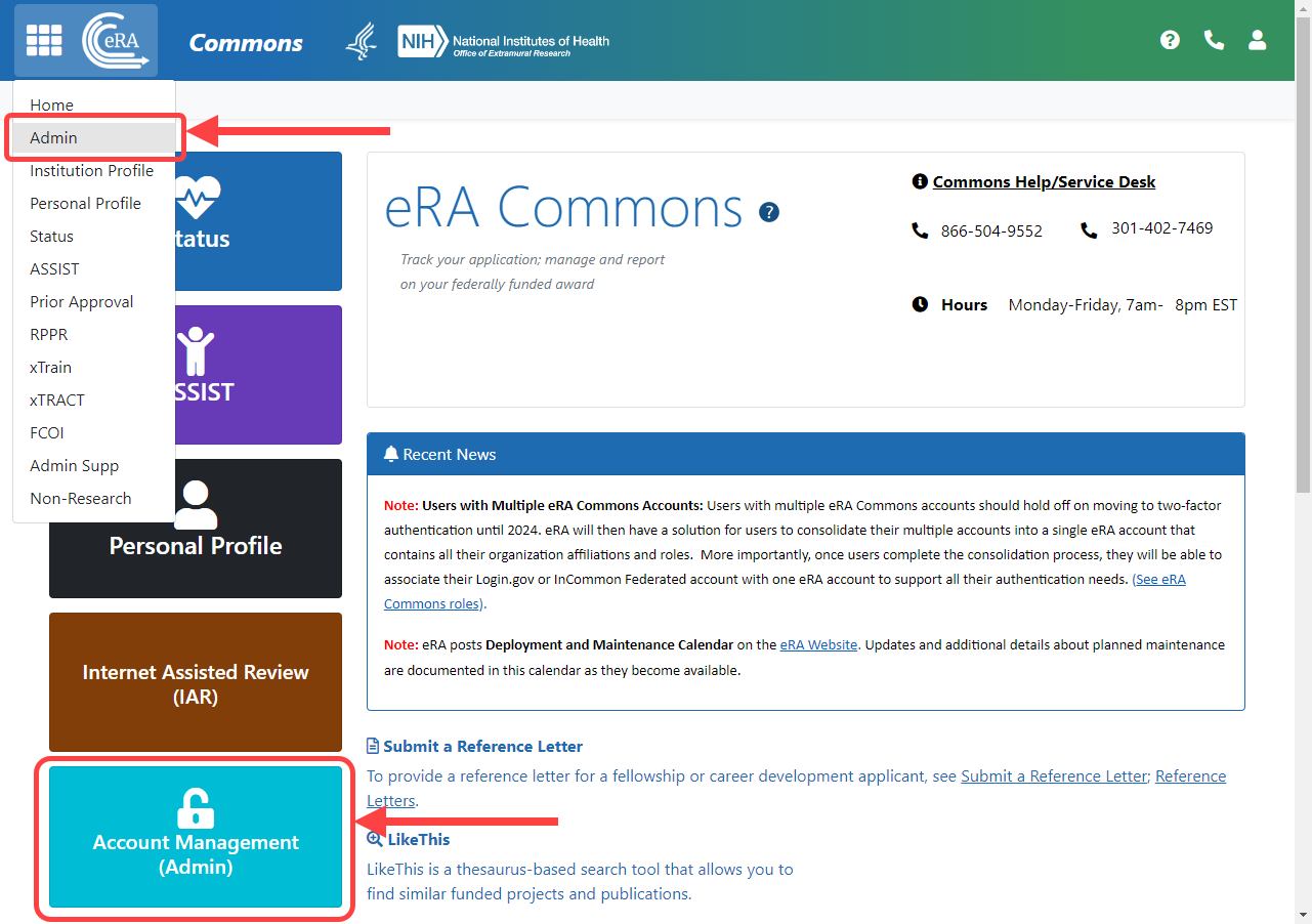eRA Commons screen after login, showing the Account Management (Admin) button and Admin menu option under the eRA logo
