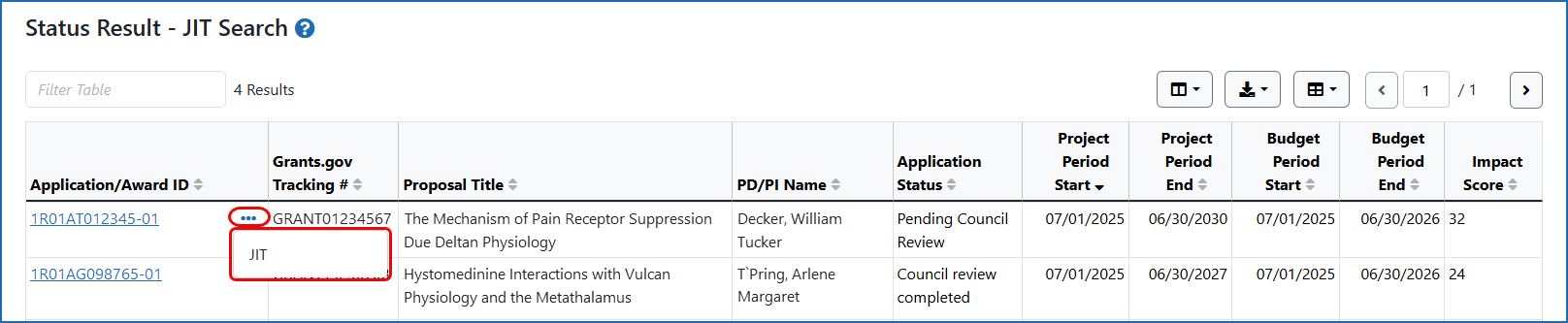 Signing official’s Status Result screen showing Just-in-Time (JIT) link