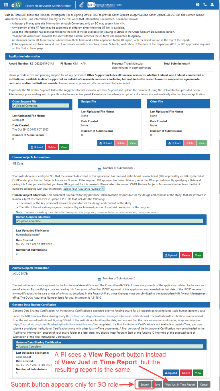 Signing official’s Status Result screen showing Just-in-Time (JIT) links