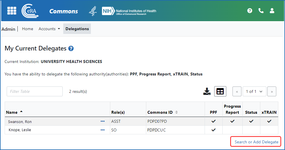 Figure 2: Principal investigator (PI) view of Delegations, showing current delegations. The Search or Add Delegate link (outlined) lets the PI add more delegates. The three-dot ellipsis is used to edit or delete delegations.