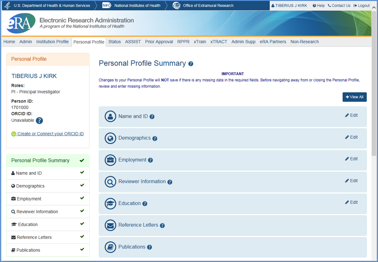 Personal Profile form displaying various categories of information 