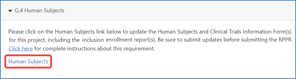 The Human Subjects link in section G.4.b of the RPPR