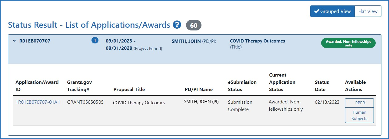 The Human Subjects links on the Principal Investigator's Status Search Result screen