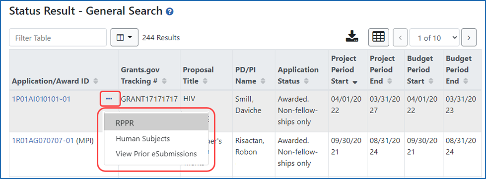 Figure 1: Status Result screen showing how to access the RPPR to edit information
