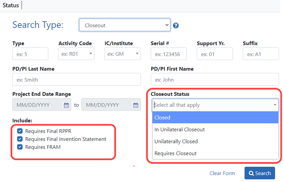 Signing official’s Closeout search screen, showing filter options